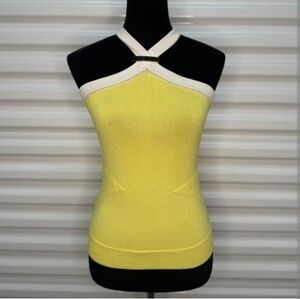 Cache Y2K Yellow White Gold Trimmed Hi Halter Top Size L